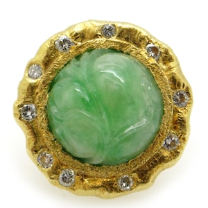 Exceptional 18k Yellow Gold 15mm Carved Natural Green Jade Round Diamond Bamboo Ring Size 7