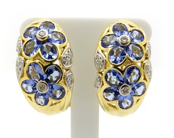 Fine 18k Yellow Gold 4.22ct Oval Tanzanite Diamond Hoop Huggie Earrings