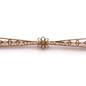 Art Deco 10k Yellow Gold European Cut Natural Diamond Seed Pearl Flower Brooch Pin