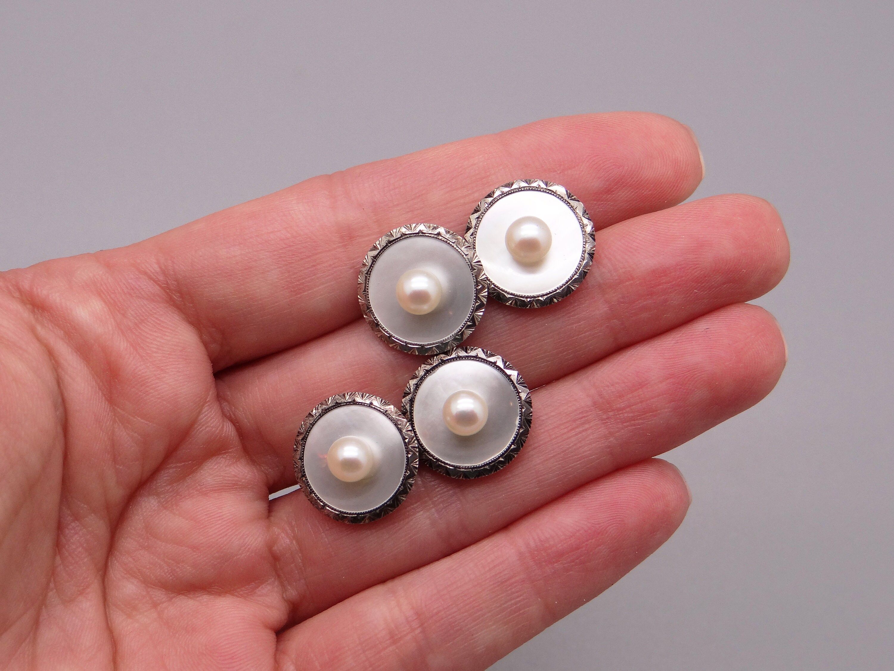 Art Deco Mikimoto Silver 5mm Round White Pearl Cufflinks