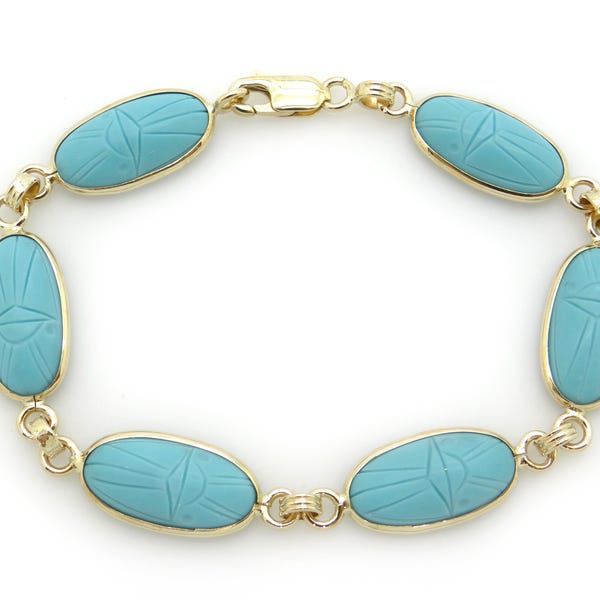 Amazing 14k Yellow Gold Oval Carved Turquoise Tennis Link Bracelet 7 inch