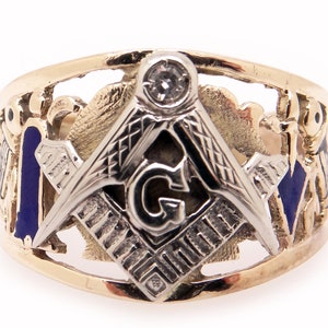 Mens 10k Yellow White Gold Masonic Enamel Natural Diamond Ring Size 8.75