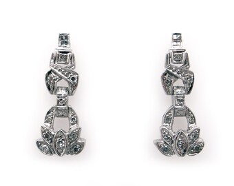 Art Deco 14k White Gold .50ct Round Cut Natural Diamond Dangle Flower Chandelier Drop Ornate Earrings