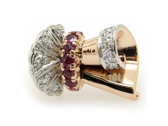 Retro 14k Rose Gold Platinum Natural Ruby Diamond Ribbon Swirl Band Ring