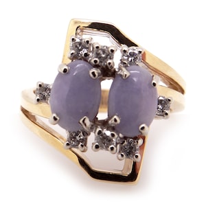 Outstanding 14k Yellow Gold 1.04ct Natural Lavender Jade Diamond Cluster Twin Band Ring Size 6.5