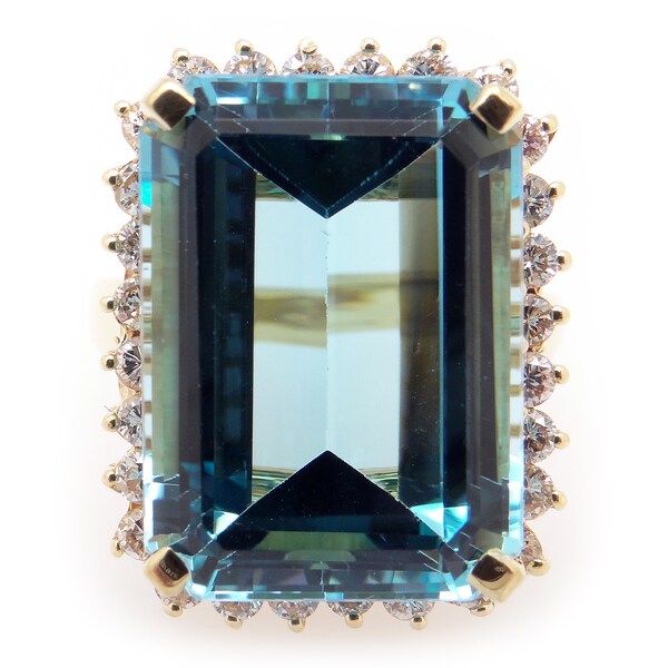 Breathtaking 18k Yellow Gold 17.84ct Emerald Cut Blue Topaz Diamond Halo Band Dress Statement Ring Size 8