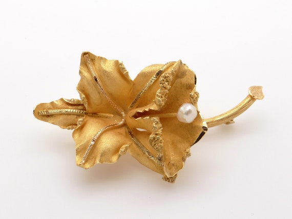 Retro Era 18k Yellow Gold 5mm Pearl Orchid Flower… - image 5