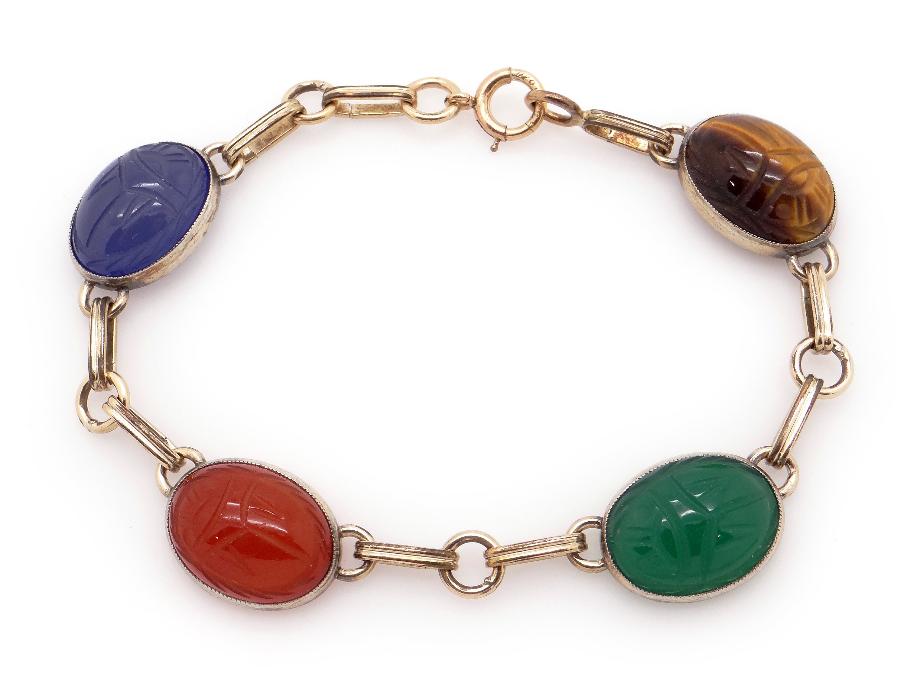 【AEKKI】Brown Mill Eclipse Natural Stone Bracelet Vintage 12k Gold Filled Oval Shape Multi Stone Carved Scarab