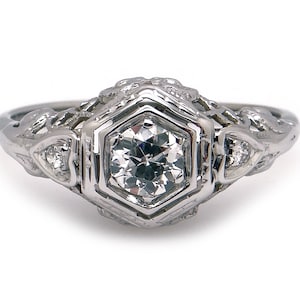 Art Deco 14k White Gold Round European Natural Diamond Anniversary Filigree Band Ring Sz 6.5