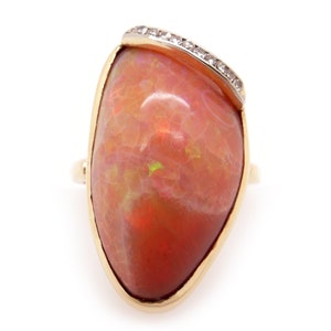 Fantastic Vintage 14k Yellow Gold 16.10ct Natural Fire Opal Round Cut Diamond Wave Flame Ring Size 7.25