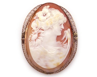 Large 14k Yellow Gold Oval Carved Shell Cameo Woman Portrait Brooch Pin Pendant