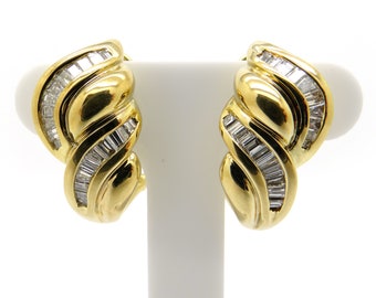Beautiful 18k Yellow Gold 1ct Baguette Cut Diamond Weave Hoop Huggie Drop Earrings Love