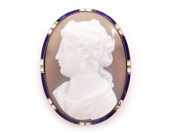 Victorian 14k Yellow Gold Carved Hard Stone Agate Cameo Enamel Brooch Pin