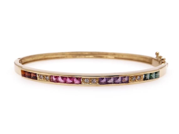 Elegant 18k Gold Natural Amethyst Garnet Diamond Tourmaline Cuff 
