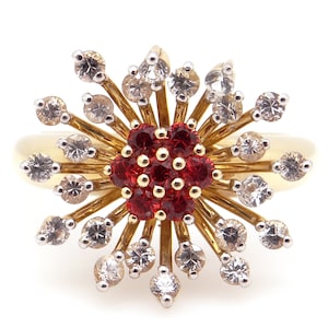 Striking LeVian 14k Yellow Gold 1ct Natural Fire Opal Diamond Star Snowflake Cluster Ring Size 10