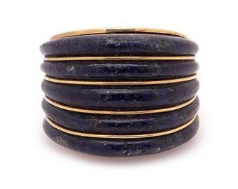 Retro 14k Yellow Gold Natural Blue Lapis Shrimp Cluster Cocktail Dome Band Ring Size 5 1950s