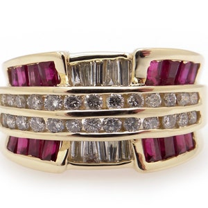 Beautiful 14k Yellow Gold 1.30ct Round Natural Diamond Baguette Ruby Cluster Dome Band Ring Size 7