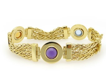 Stunning 14k Yellow Gold 4.50ct Cabochon Amethyst Citrine Blue Topaz Bracelet