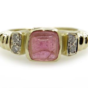 Unique 14k Yellow Gold 1ct Cabochon Pink Tourmaline Round Diamond Ring Sz 6.25