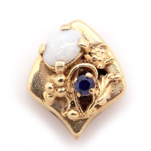14k Yellow Gold Round Natural Sapphire Oval Opal Ornate Flower Slide Bracelet Charm