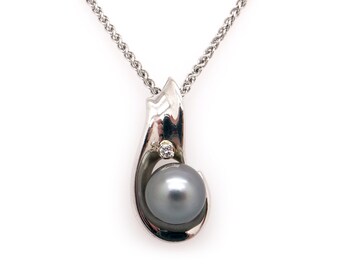 Elegant 14k White Gold 11mm Black Gray Tahitian South Sea Pearl Diamond Necklace 16 inch