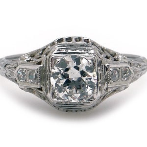 Art Deco 18k White Gold .70ct Round European Natural Diamond Filigree Engagement Promise Ring Size 8.5
