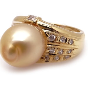 Breathtaking 18k Yellow Gold 10mm Golden South Sea Pearl .34ct Natural Diamond Cluster Ring Size 5.75
