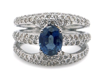 Fantastic 18k White Gold 2.50ct Oval Cut Blue Sapphire Round Cut Diamond Pave Ring Size 8