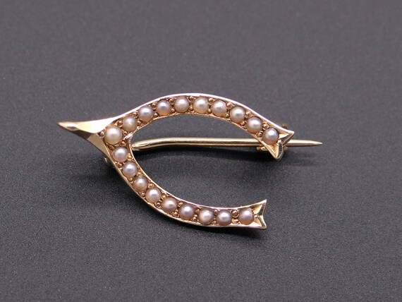 Victorian 14k Yellow Gold Seed Pearl Wishbone Bro… - image 2