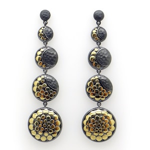 John Hardy Silver 18k Yellow Gold Black Dot Moon Phase Hammered Dangle Earrings