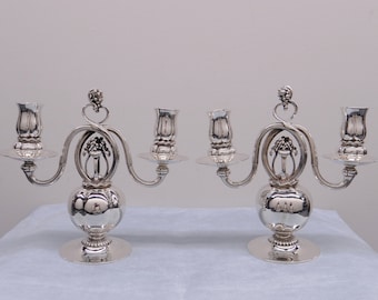 Pair Georg Jensen Pomegranate Sterling Silver 2 Light Candelabra Candlesticks 324