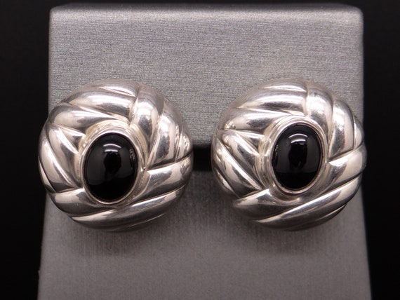 Sterling Silver Cabochon Black Onyx Button Stud P… - image 2