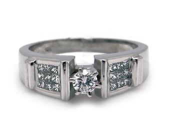 14k White Gold Round Brilliant Cut & Princess Cut .50ct Natural Diamond Engagement Promise Ring Size 8.5
