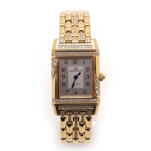 18k Gold Jaeger LeCoultre Rectangular Reverso 2ct Natural Diamond Bracelet Watch 265108