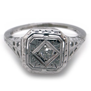 Art Deco 14k White Gold Round European Natural Diamond Filigree Engagement Promise Ring Size 6.5