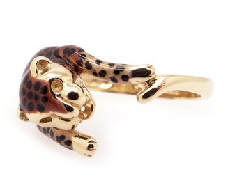 Fantastic 14k Yellow Gold Multi Color Enamel Cheetah Spotted Big Cat Kitten Band Ring 7