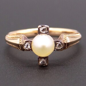 Antique 14k Yellow Gold 5mm Pearl Rose Cut Diamond Halo Cross Ring Size 5.5