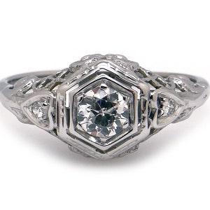 Art Deco 14k White Gold Round European Natural Diamond Anniversary Filigree Band Ring Sz 6.5