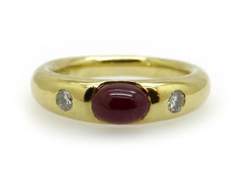 18k Yellow Gold 0.60ct Oval Cabochon Ruby Diamond Stack Band Ring Size 4.25