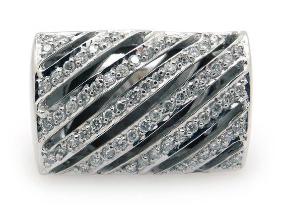 Mens 18k White Gold 1.06ct Round Cut Natural Diamond 16mm Stack Band Dress Geometric Ring Size 9