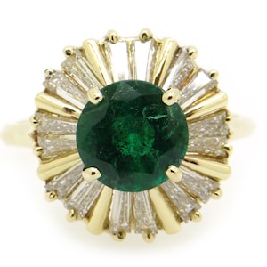 Stunning 18k Yellow Gold 2.15ct Round Emerald Diamond Halo Band Ballerina Ring Size 7