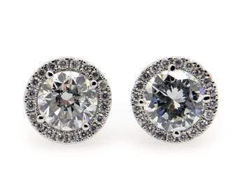 AK 14k White Gold 1.70ct Round Diamond Pave Halo Stud Earrings Natural Earth