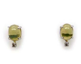 14k White Gold Opal Diamond Stud Earrings: 2ct Cabochon Opal