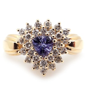 Striking 14k Yellow Gold 1.10ct Trillion Natural Tanzanite Diamond Halo Cluster Band Ring Size 6.5