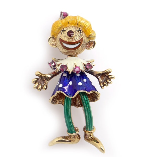 Retro Martine 14k Yellow Gold Round Ruby Multi Color Enamel Clown Brooch Pin