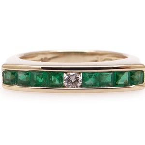 Fine 14k Yellow Gold .45ct Princess Cut Natural Emerald Round Diamond Stack Band Ring Size 6