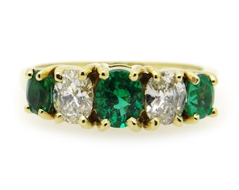 18k Yellow Gold 1.19ct Oval Emerald Diamond Band Ring Size 6