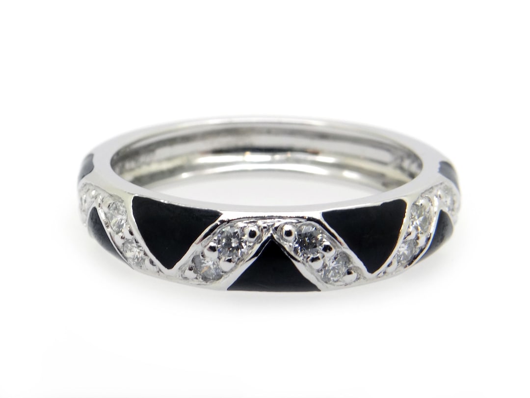 Hidalgo 18k White Gold Round Diamond Enamel 4mm Wedding Stack Band Ring ...
