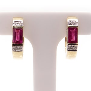 Darling 14k White Gold .58ct Emerald Cut Natural Ruby Round Diamond Hoop Huggie Earrings