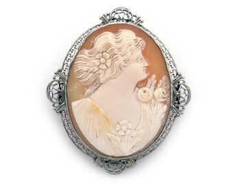 Art Deco Filigree 14k White Gold Carved Shell Cameo Woman Portrait Flower Brooch Pin